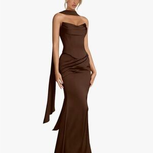 Women's Chocolate Brown Strapless Evening Gown